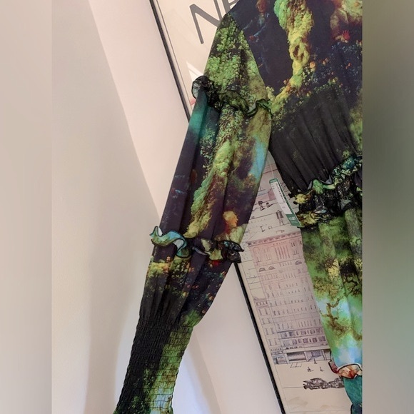 NWT ICONE Simons ruffle mini dress with pictorial imagery great colour combo M - Picture 3 of 11